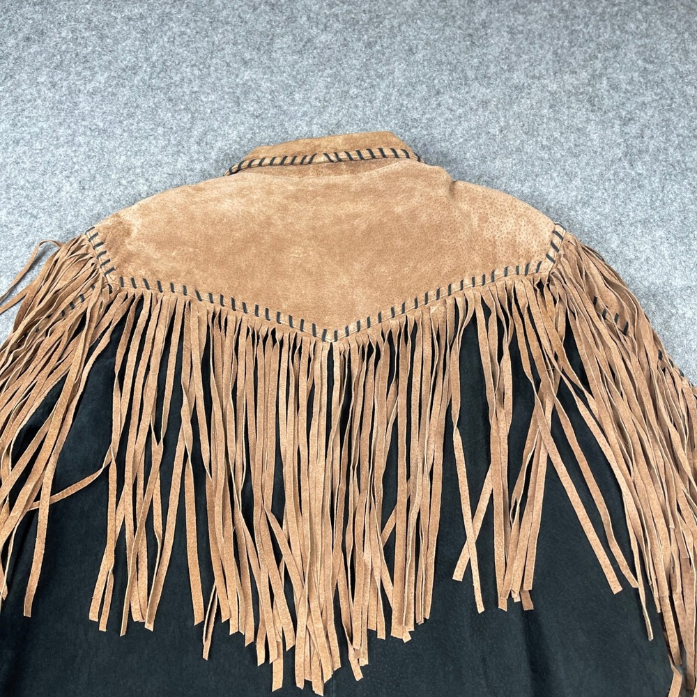 VTG Bob Mackie Wearable Art Suede Leather Jacket Black Tan Fringe Whipstitch Med - Picture 4 of 9